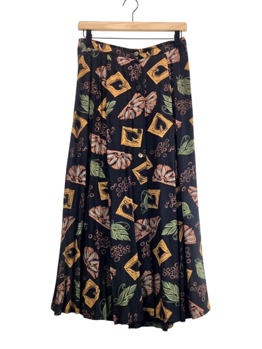 Vtg 90s Midi Skirt A-line M Casual Corner Black Multi Color Fall Floral Leaves